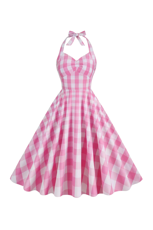 Dixie Gingham Pale Pink Halter Swing Dress