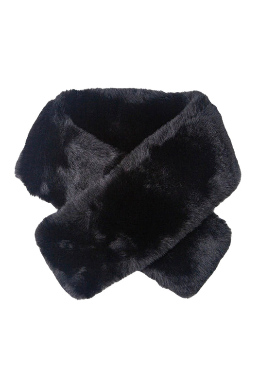 A black faux fur scarf or neck warmer, styled in a crossed loop shape, shown against a plain white background.