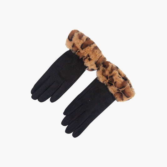 Faux Fur Cuff Gloves- Black, Leopard Faux Fur