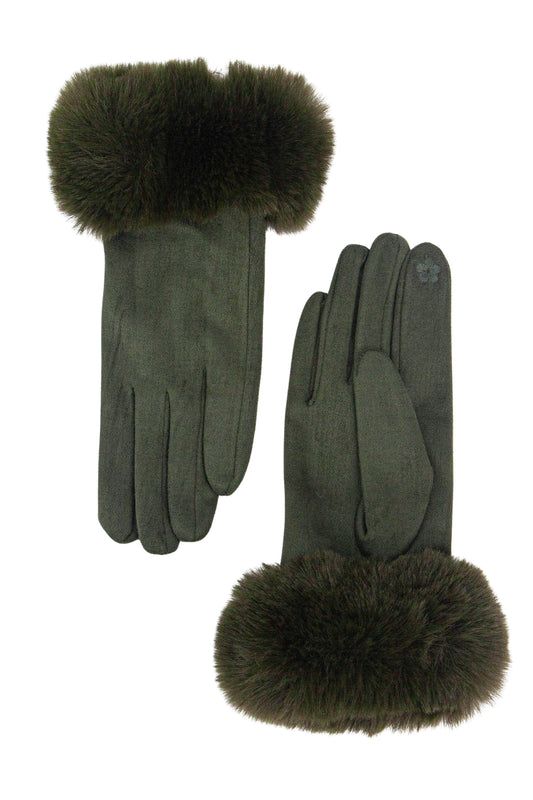 Faux Fur Cuff Gloves - Khaki, Velvet