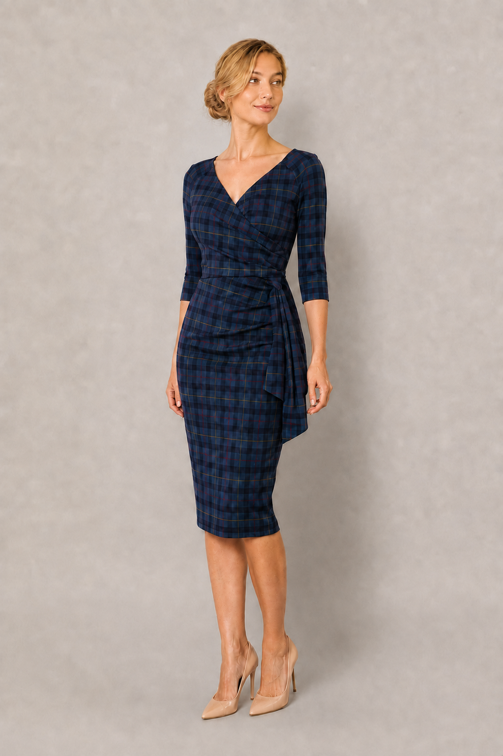 tartan dress blue Hourglass 3/4 Sleeve Pencil 10 / Forest & Navy Tartan Gingham