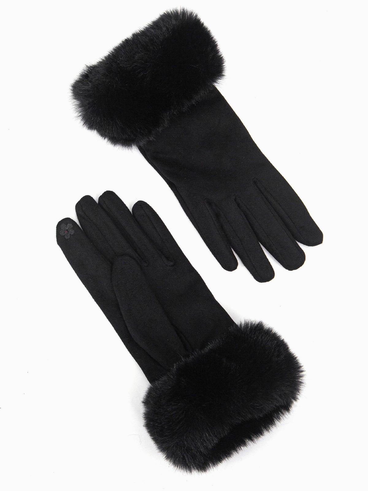 Black gloves with fur cuffs on a white background