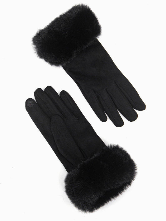 Faux Fur Cuff Gloves - Black, Velvet
