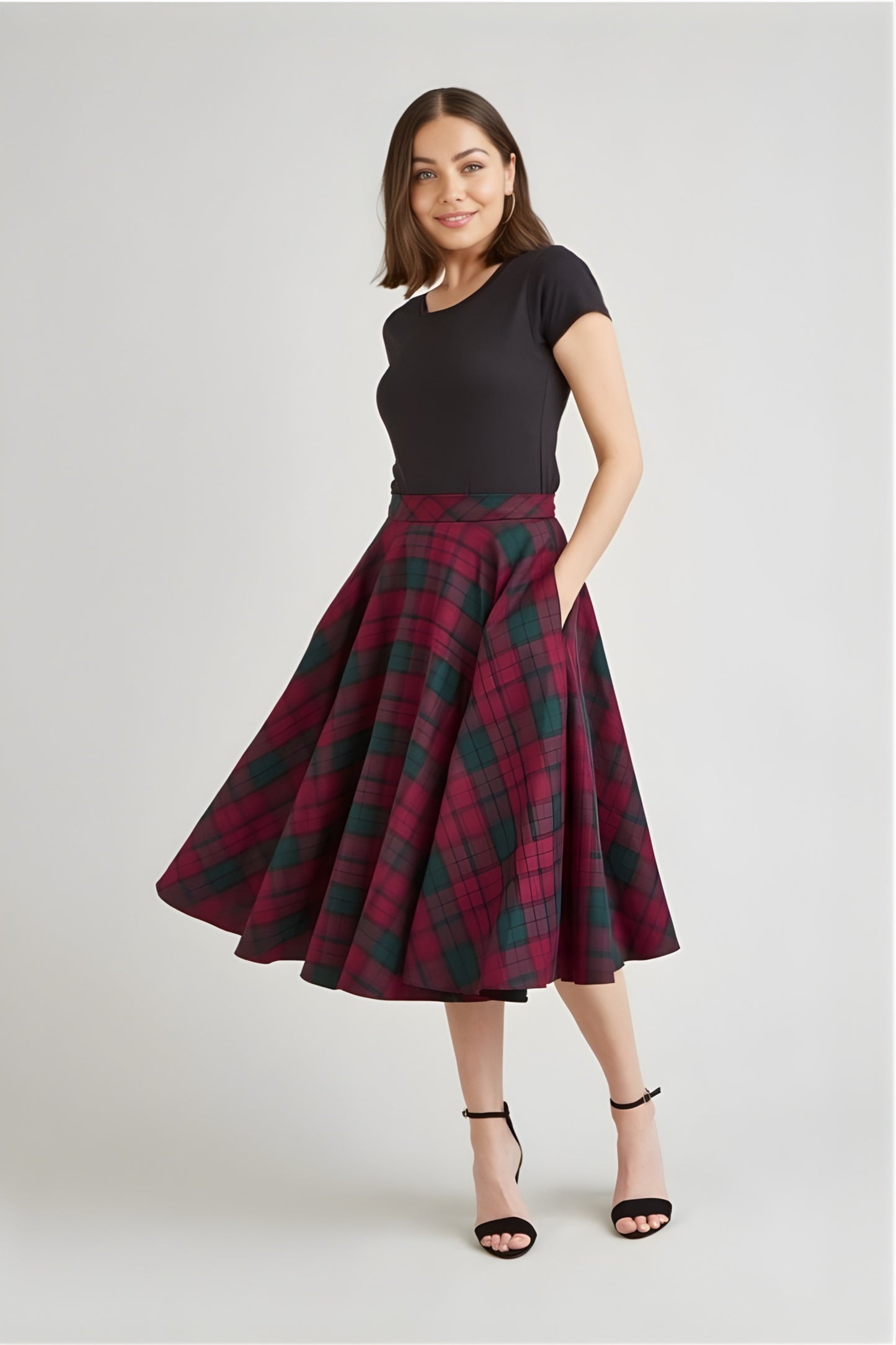TPDC Berry & Forest Tartan Midi Skirt