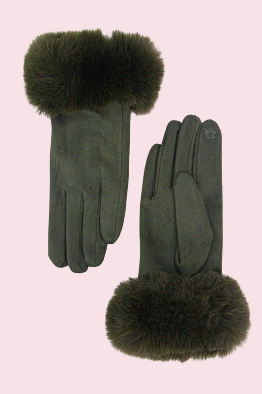 Faux Fur Cuff Gloves - Khaki, Velvet