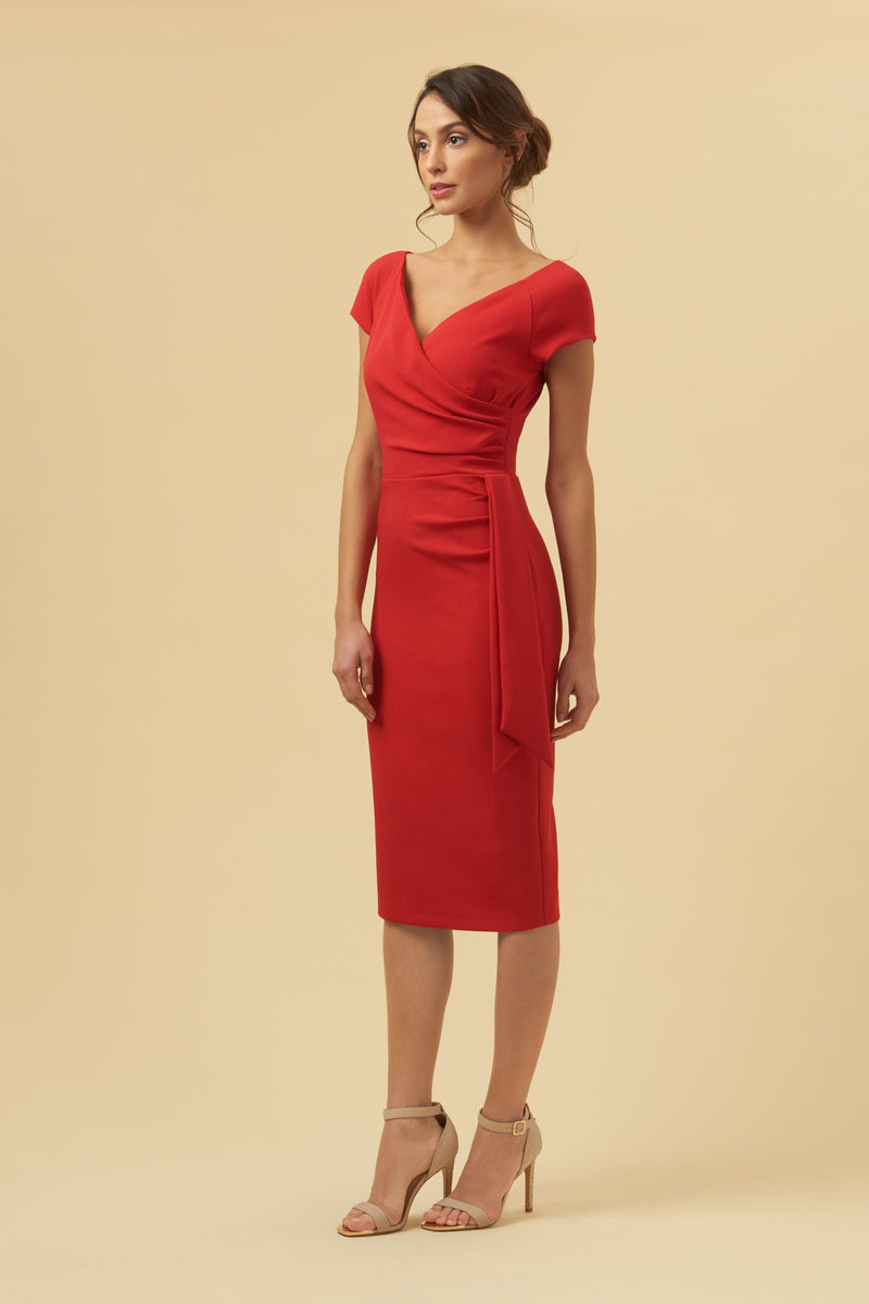 Hourglass Faux Wrap Pencil Dress - Red