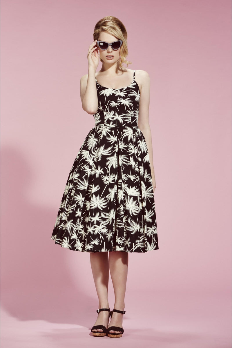 Priscilla Retro Palm Midi Dress - Black