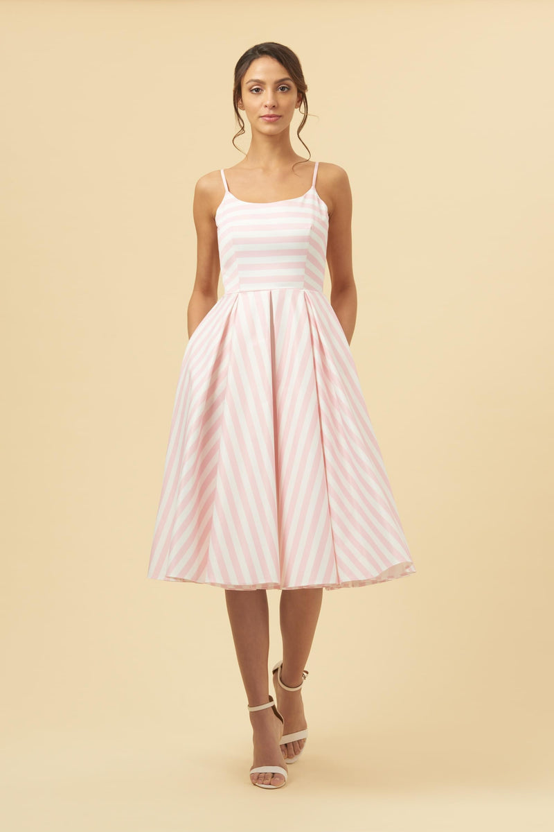 Priscilla Pink & White Candy Stripe Midi Dress - Pink and White