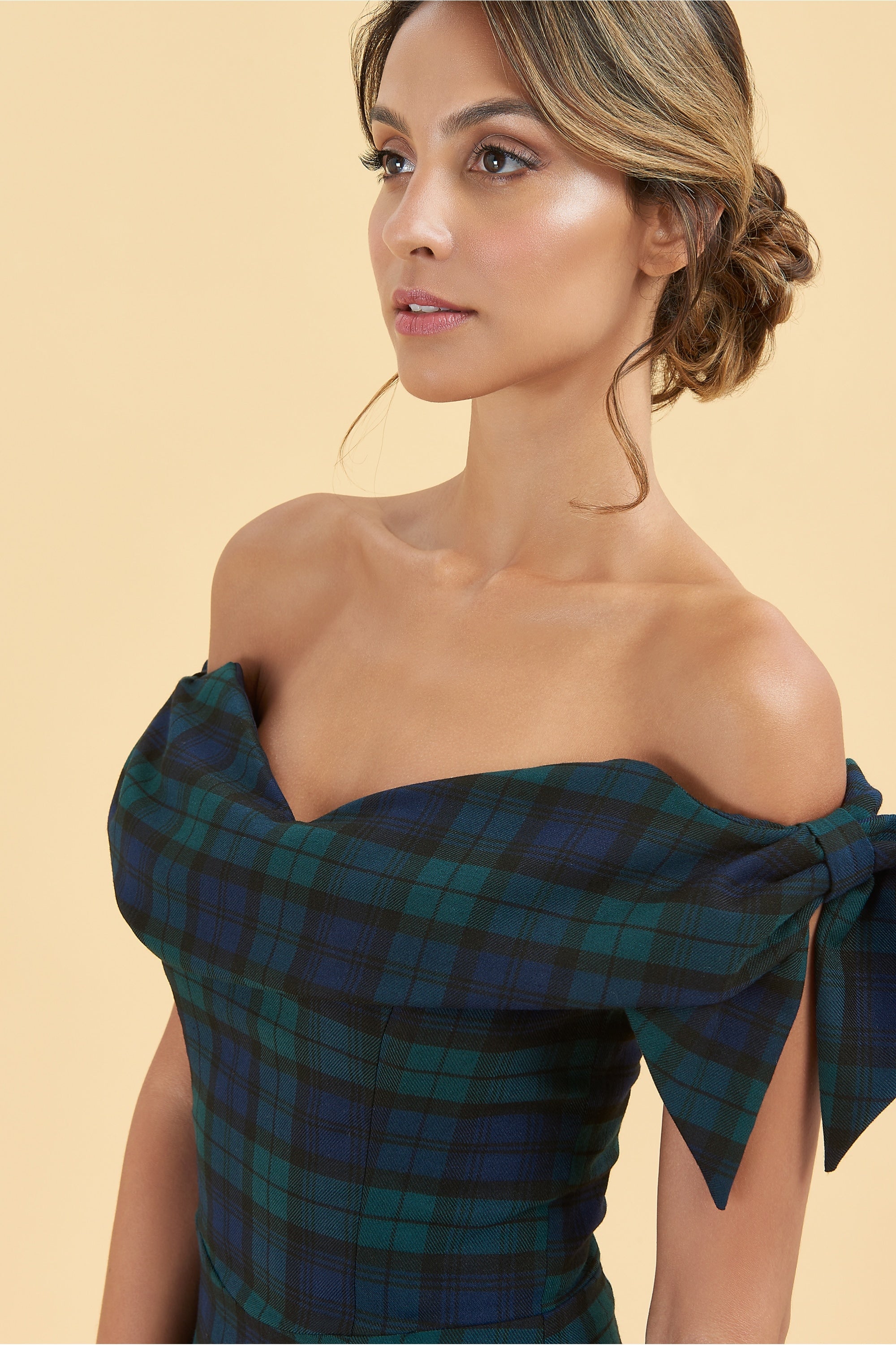 Tilly Tartan Off The Shoulder Pencil Dress