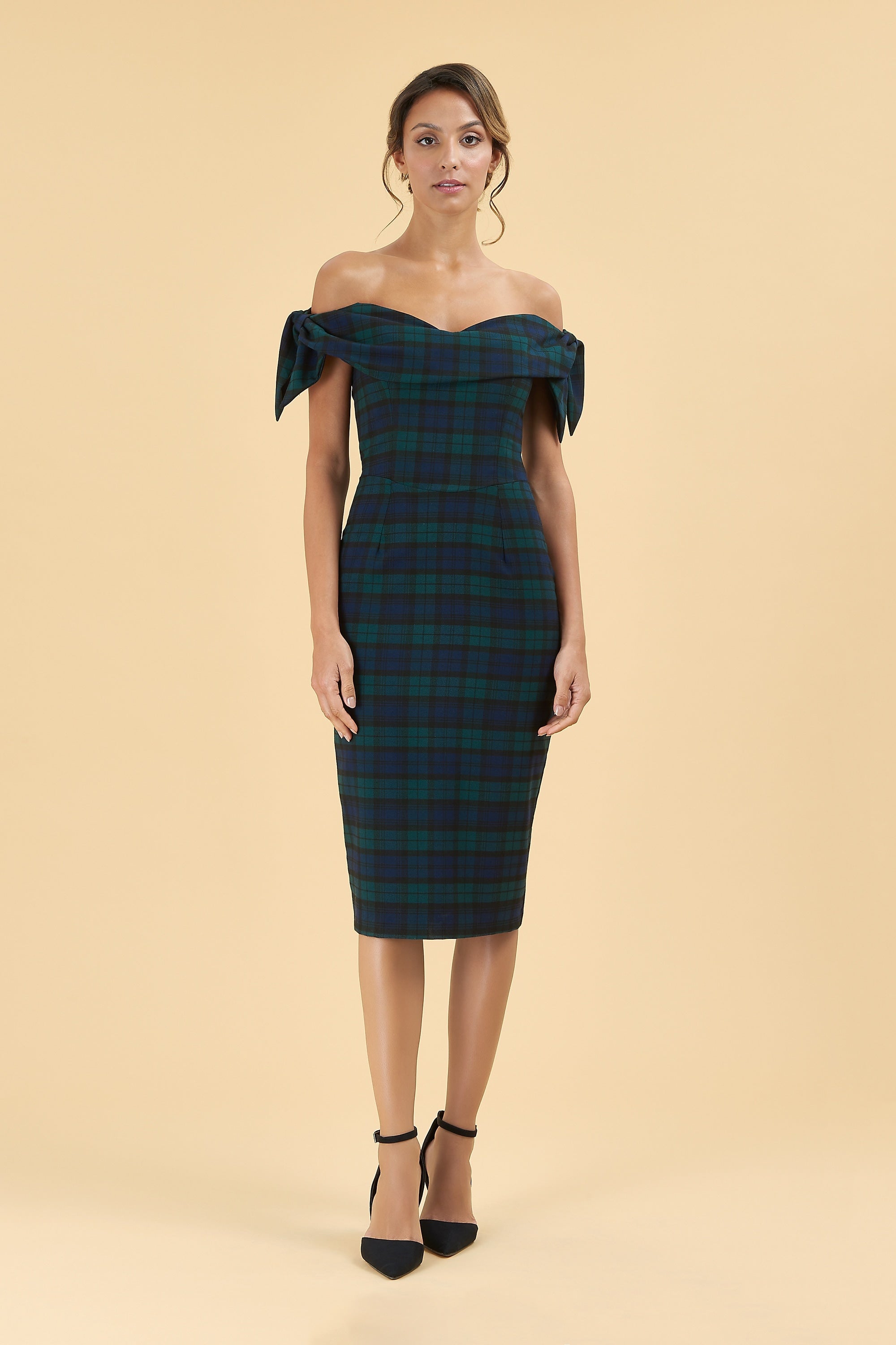 Tilly Tartan Off The Shoulder Pencil Dress