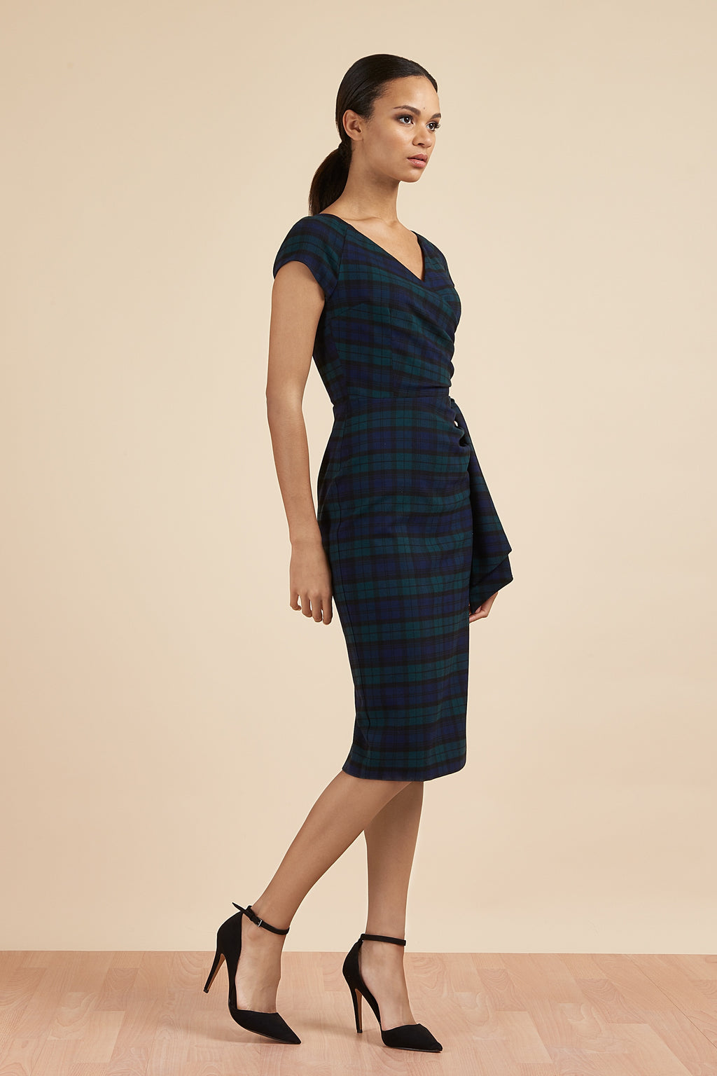 Hourglass Tartan Faux Wrap Pencil Dress