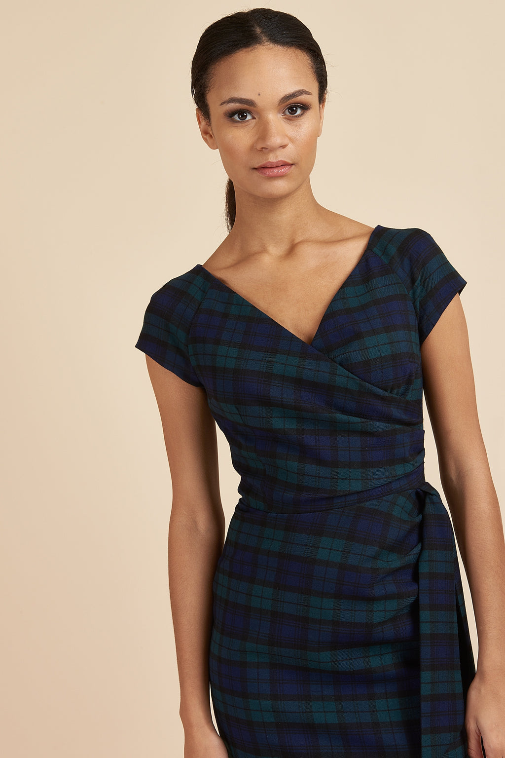 Hourglass Tartan Faux Wrap Pencil Dress