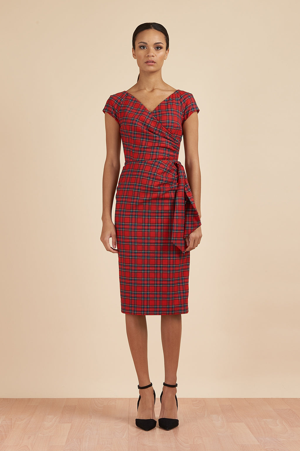 Hourglass Tartan Faux Wrap Pencil Dress