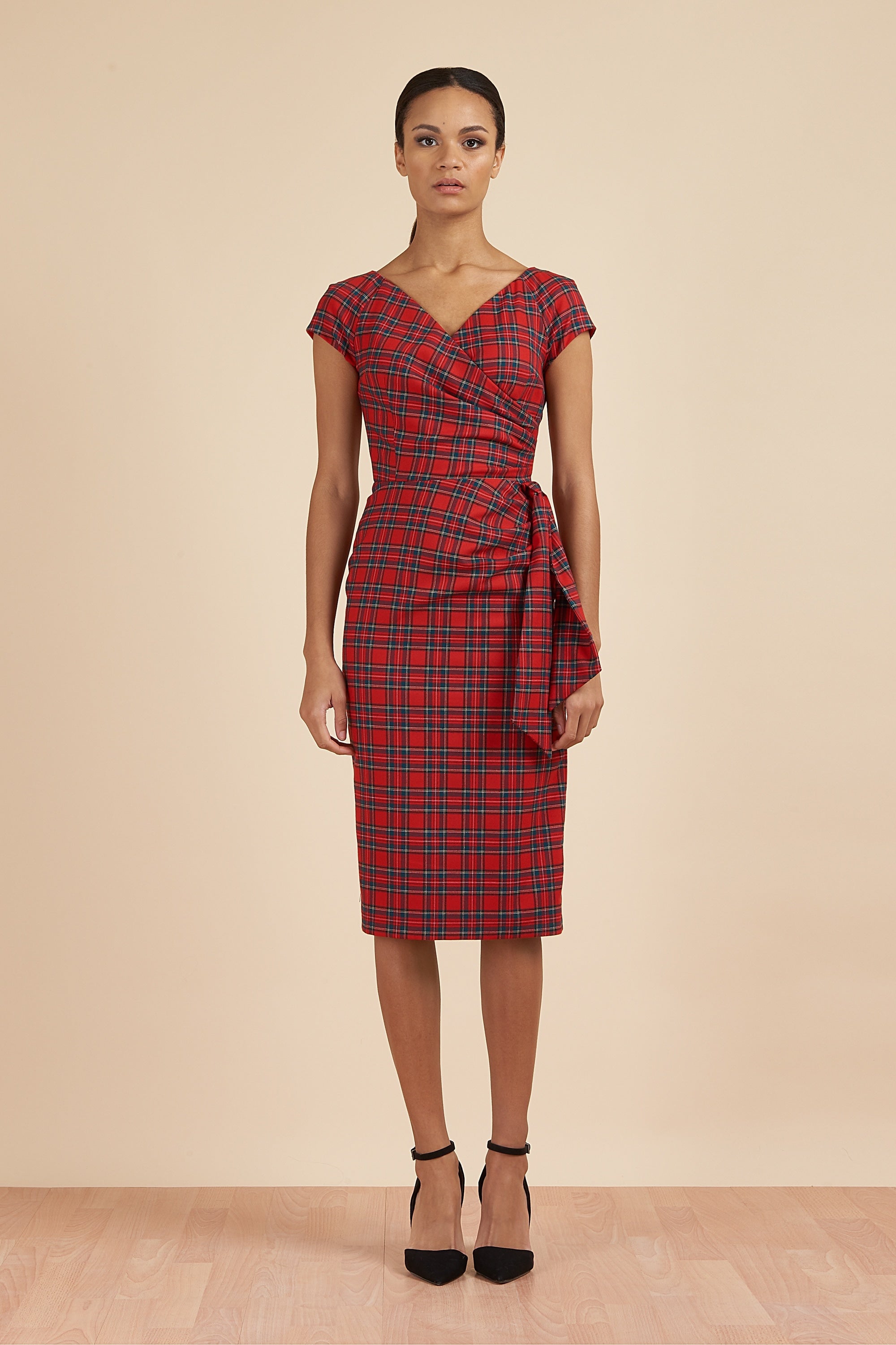 Hourglass Tartan Faux Wrap Pencil Dress