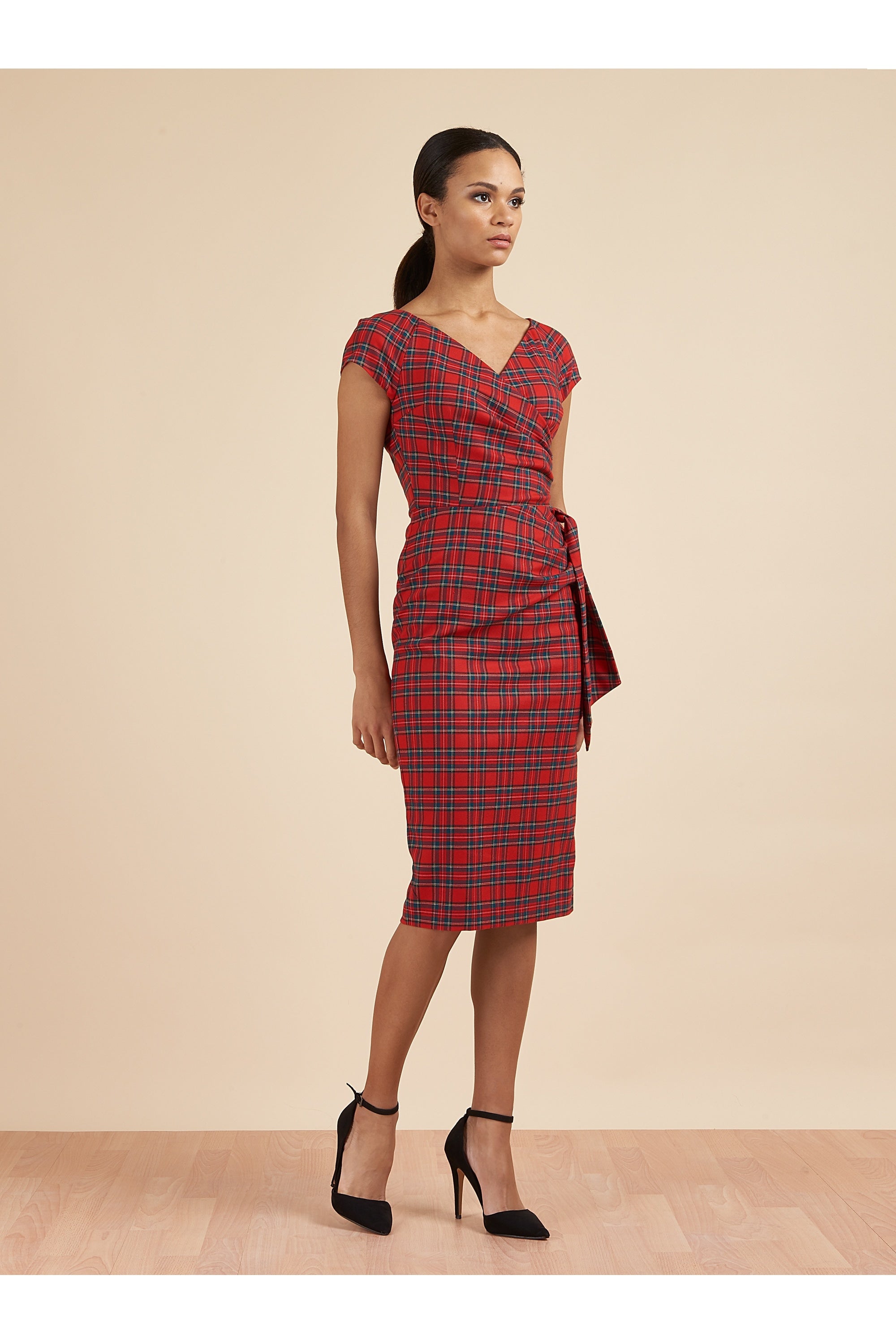 Hourglass Tartan Faux Wrap Pencil Dress