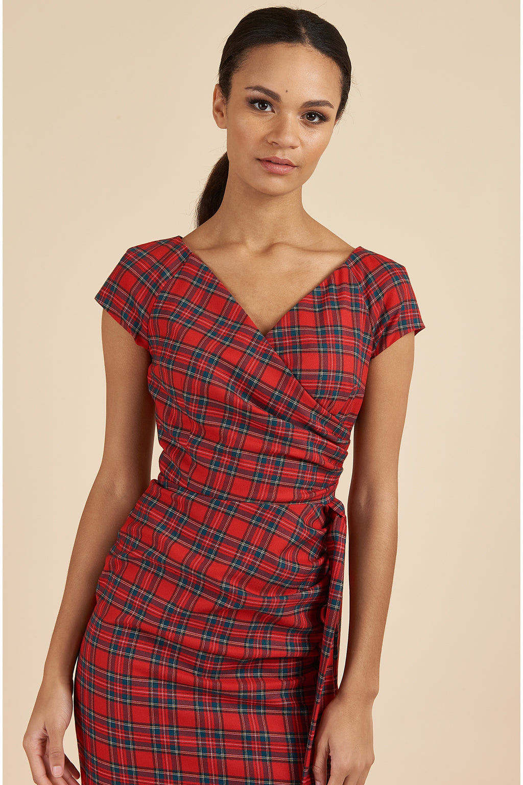 Hourglass Tartan Faux Wrap Pencil Dress