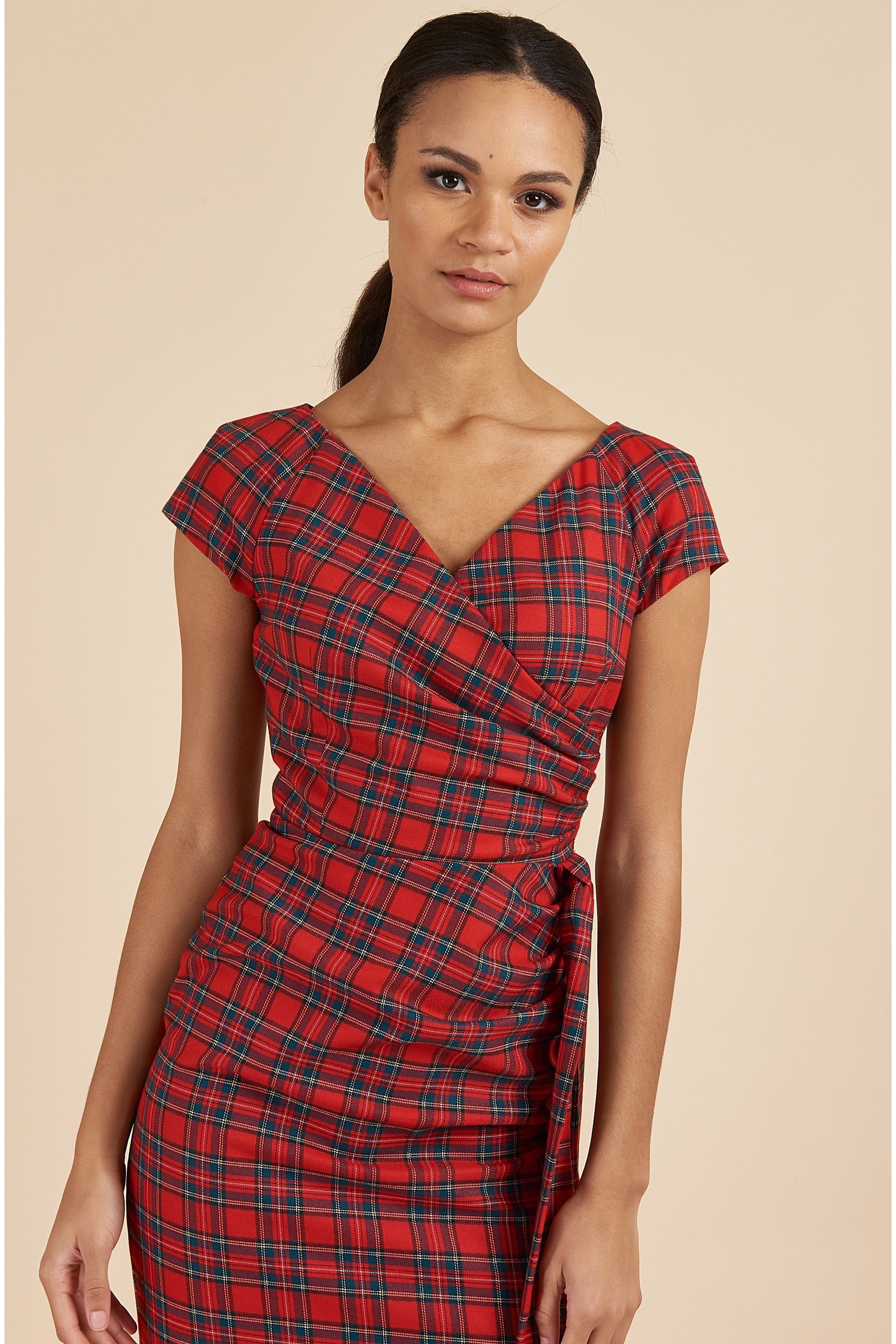 Hourglass Tartan Faux Wrap Pencil Dress