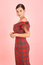 Tilly Tartan Off The Shoulder Pencil Dress