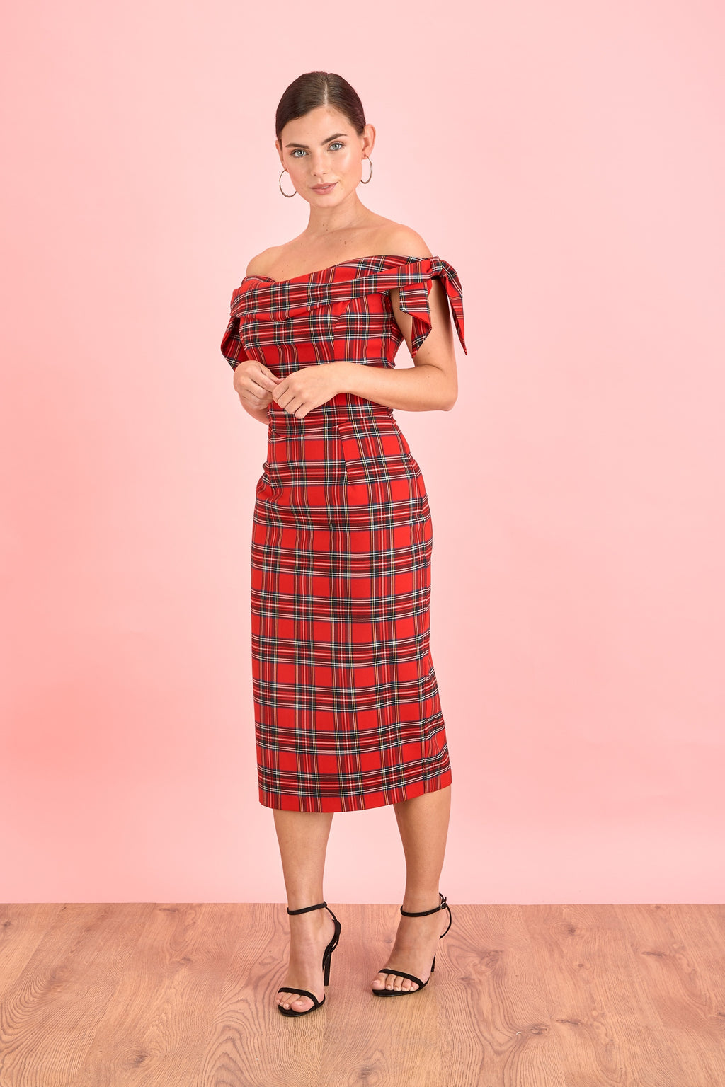 Tilly Tartan Off The Shoulder Pencil Dress