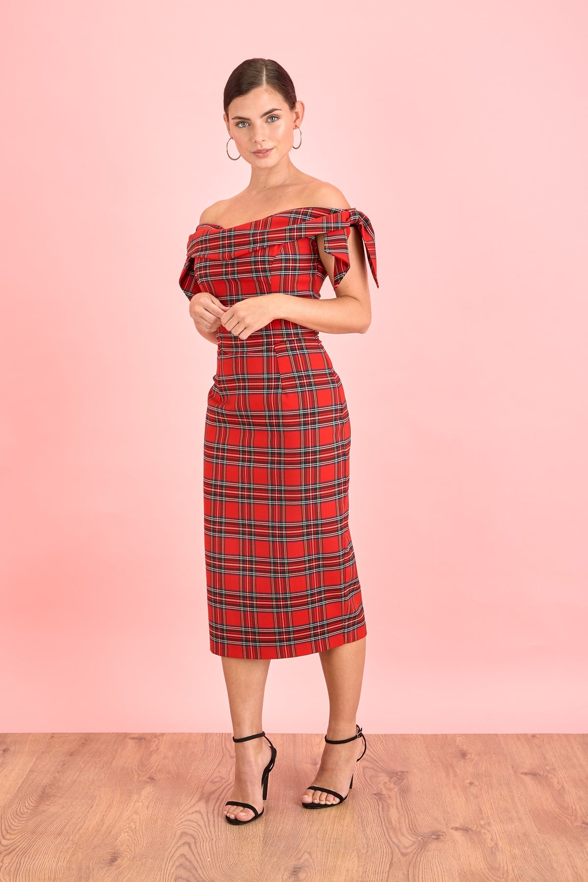 Tilly Tartan Off The Shoulder Pencil Dress 14 / Red