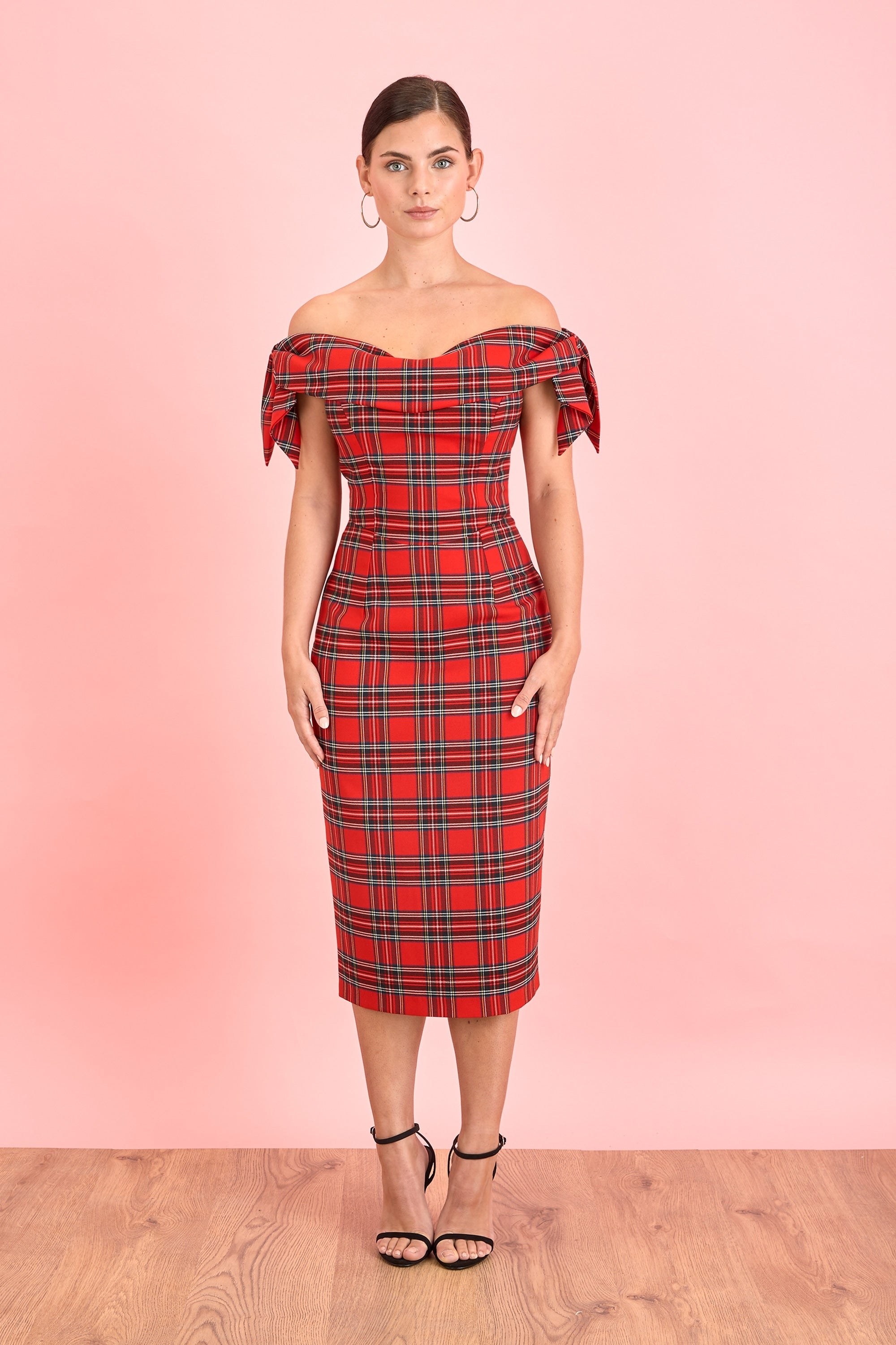 Tilly Tartan Off The Shoulder Pencil Dress