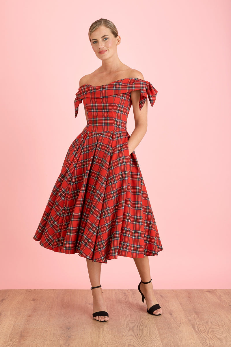 Tilly Tartan Off The Shoulder Prom Dress - Red