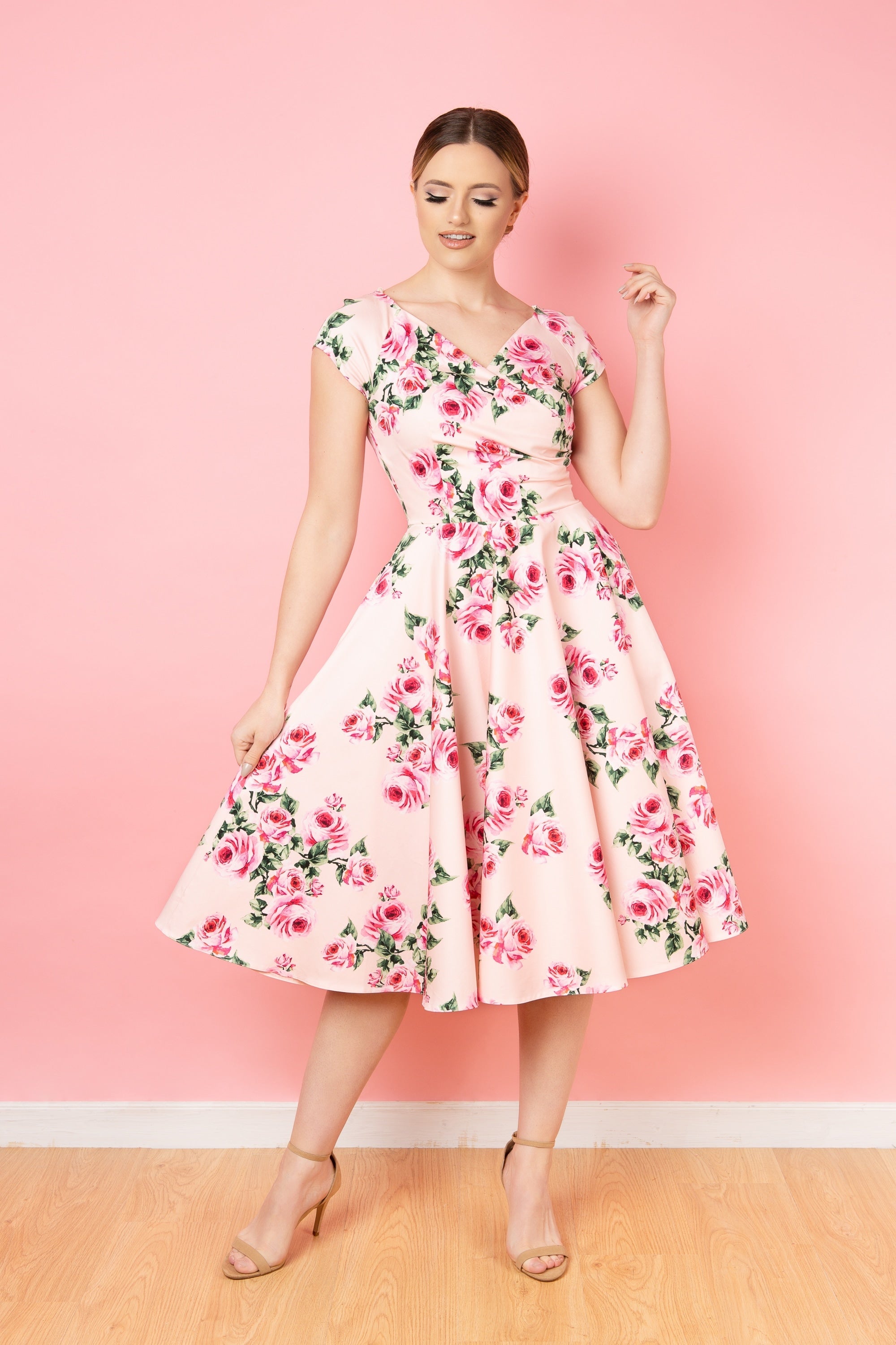 Hourglass Pale Pink Vintage Rose Swing Dress 14 Hourglass Pale Pink Vintage Rose Swing Dress 14