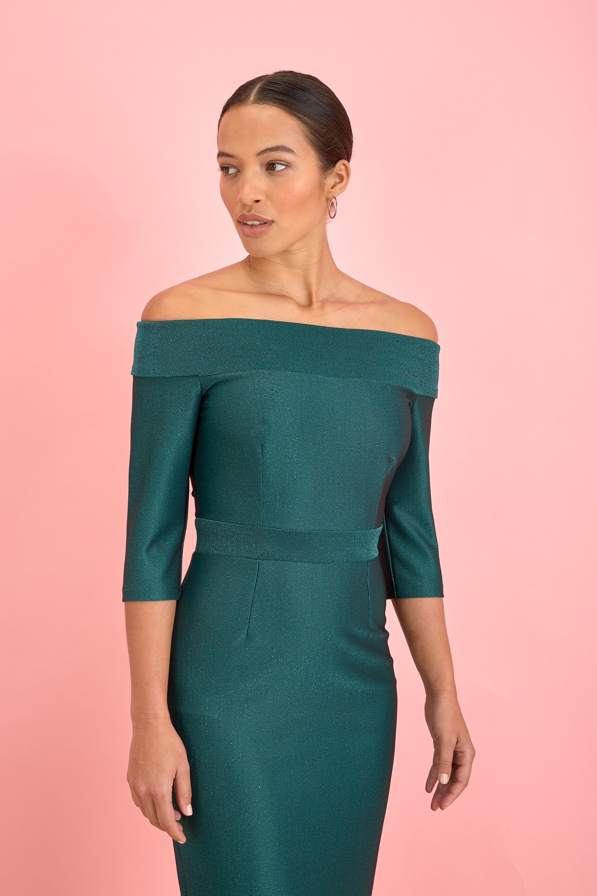 Isla Bardot 3/4 Sleeve Lurex Rib Pencil Dress