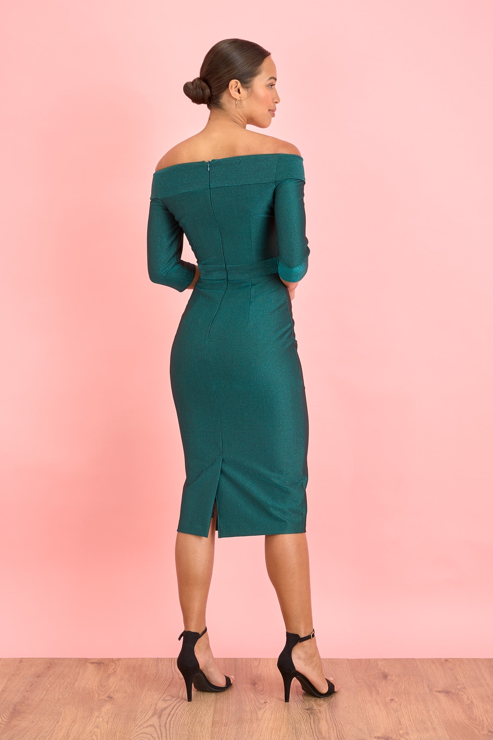 Isla Bardot 3/4 Sleeve Lurex Rib Pencil Dress