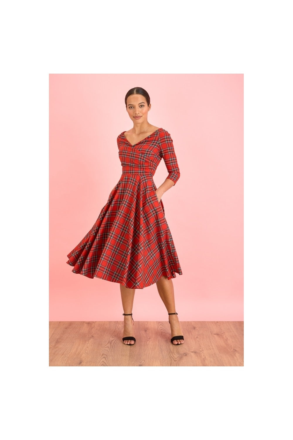 Hourglass Tartan 3/4 Sleeve Swing Dress