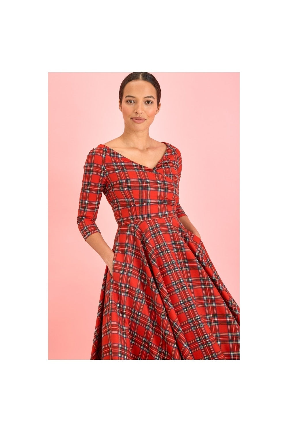 Hourglass Tartan 3/4 Sleeve Swing Dress