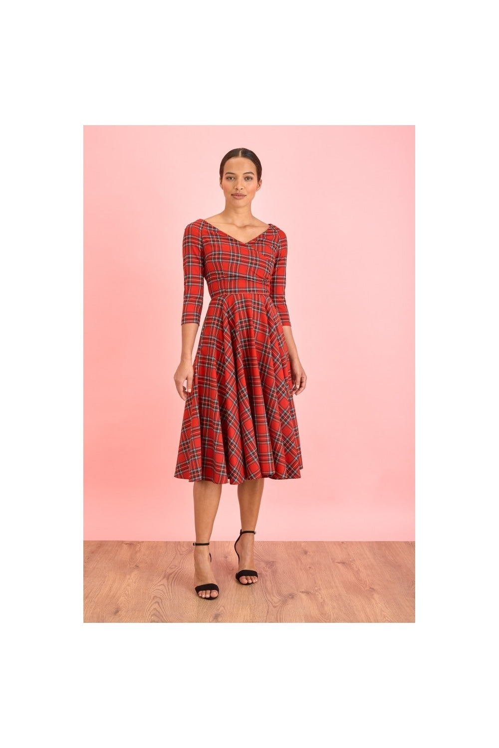 Hourglass Tartan 3/4 Sleeve Swing Dress