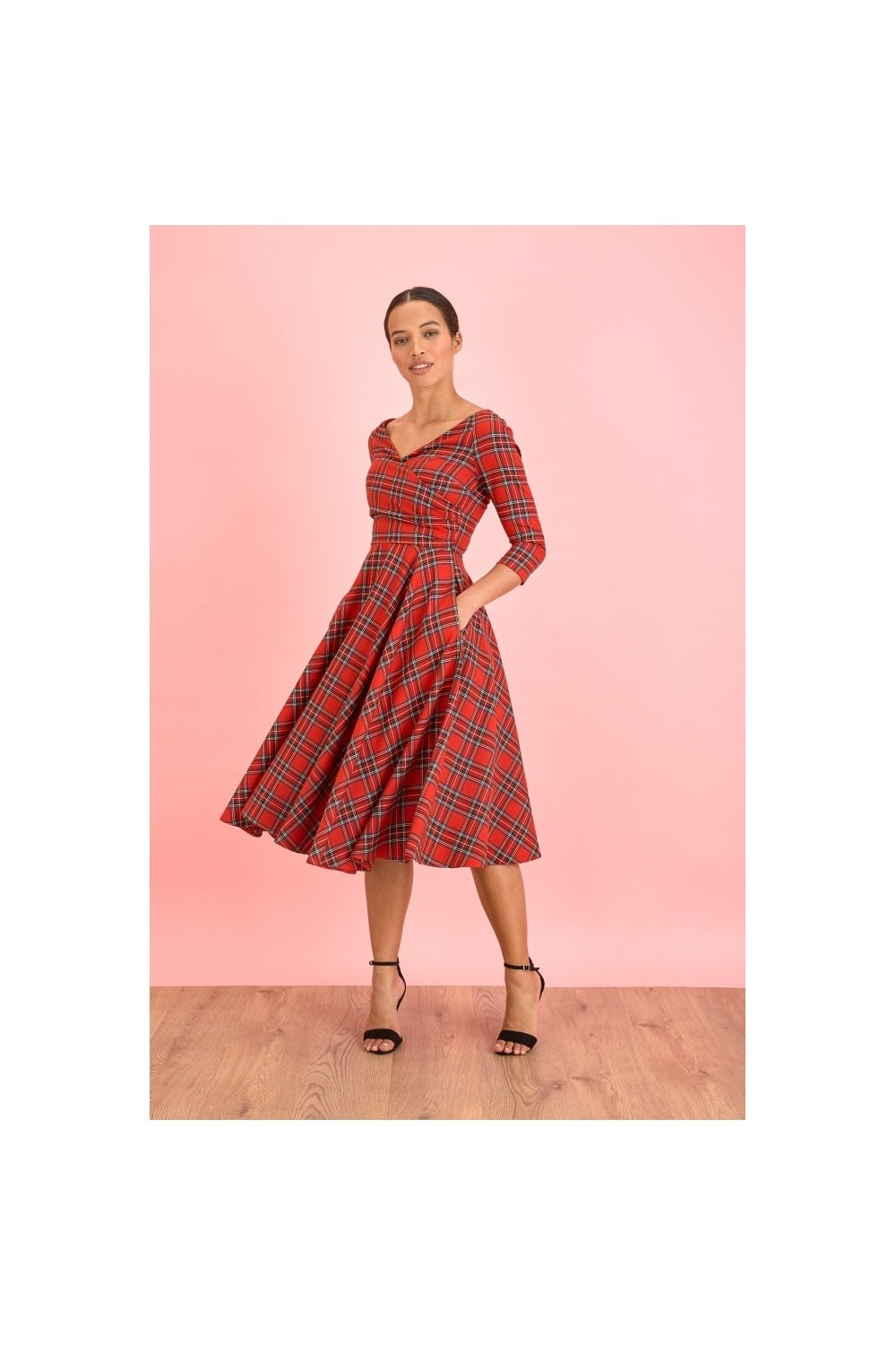 Hourglass Tartan 3/4 Sleeve Swing Dress