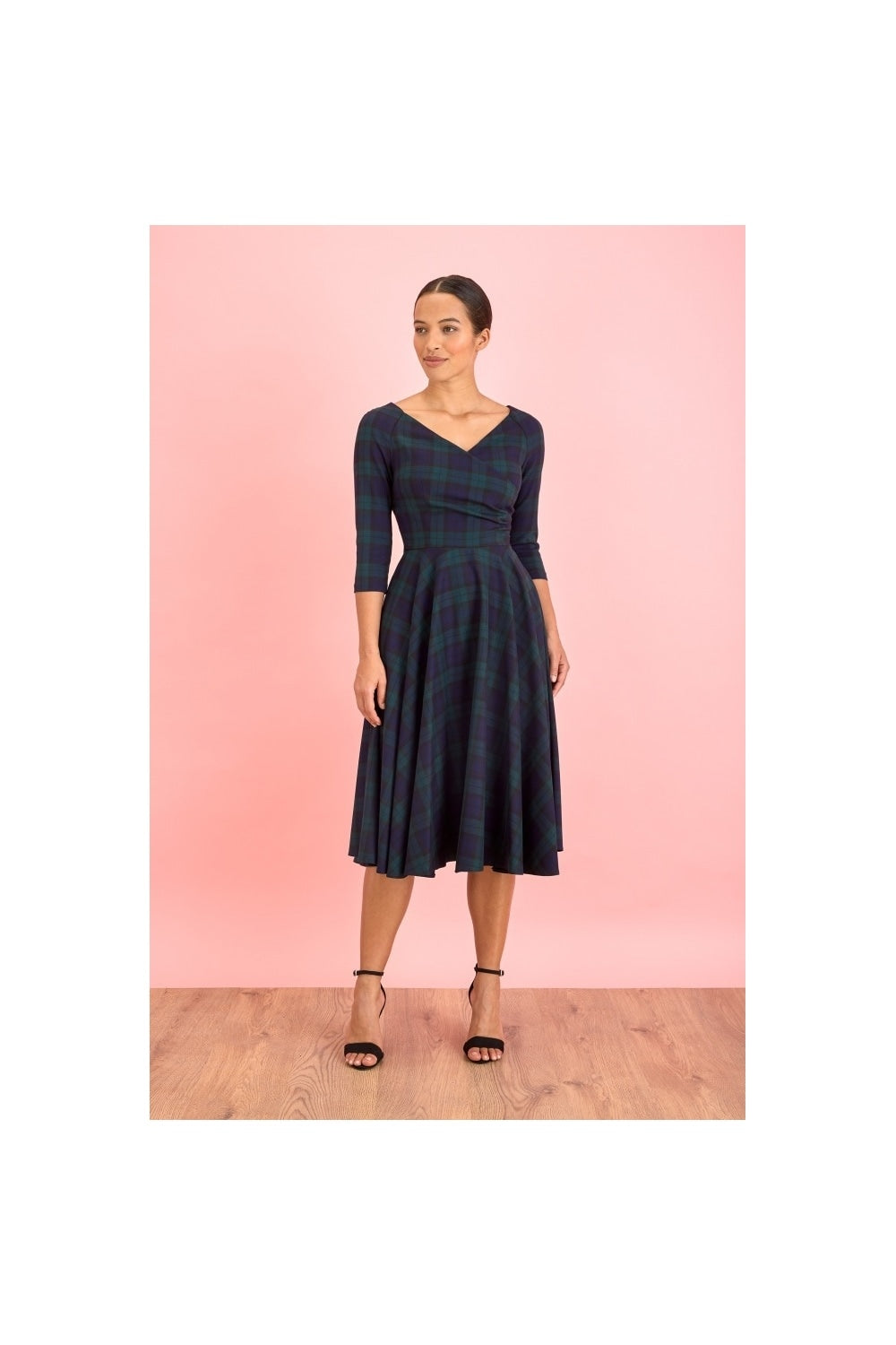 Hourglass Tartan 3/4 Sleeve Swing Dress
