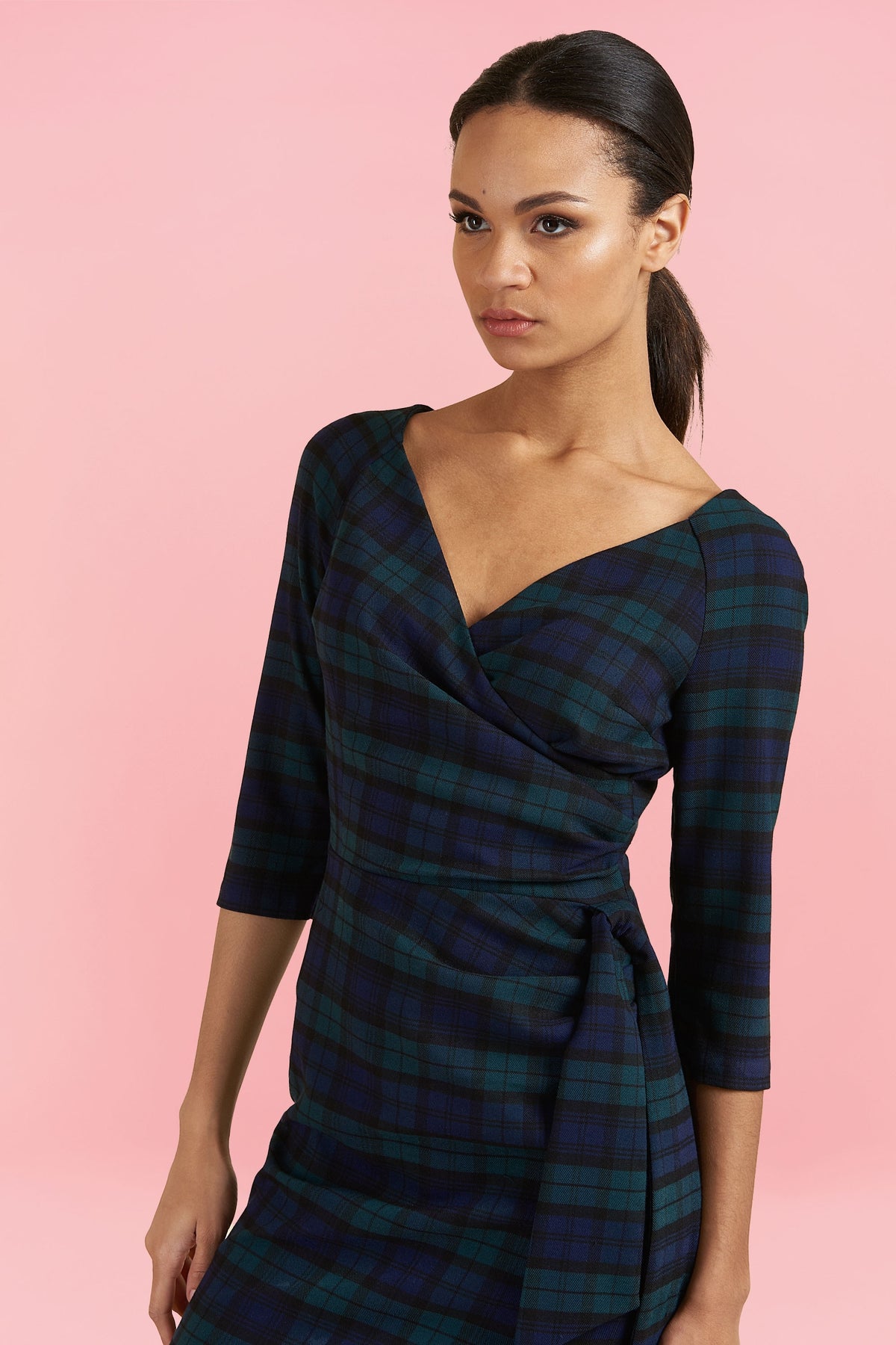 Hourglass Tartan 3/4 Sleeve Pencil Dress