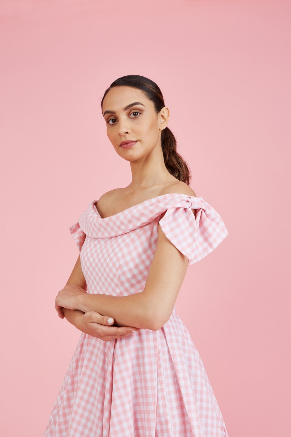 Tilly Gingham Off The Shoulder Prom Dress