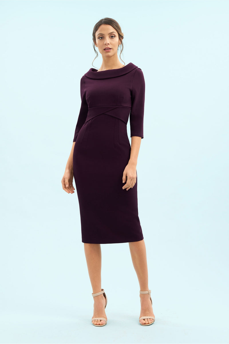 Kennedy Roll Collar Pencil Dress - Damson