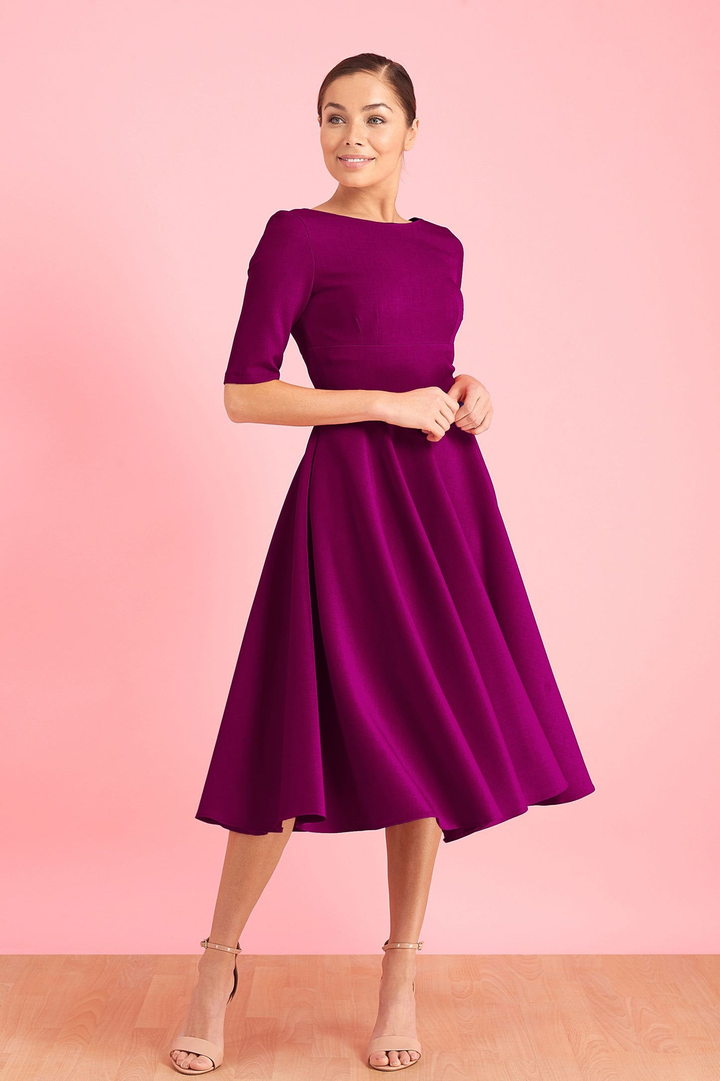 Hepburn Swing Dress with full circle skirt and high neckline – vintage occasion wear by The Pretty Dress Company