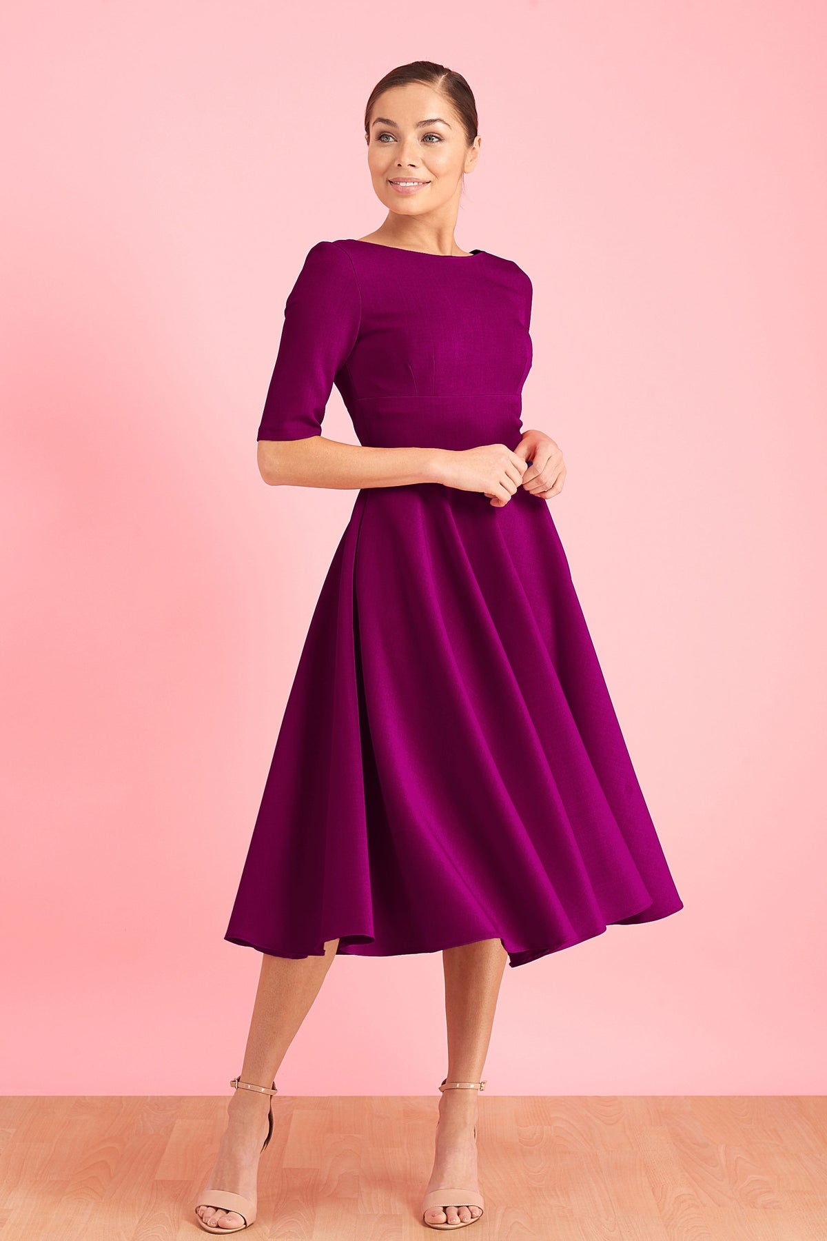 Hepburn Swing Dress with full circle skirt and high neckline – vintage occasion wear by The Pretty Dress Company