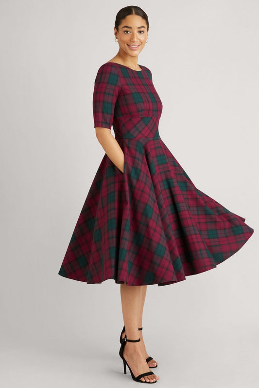 Hepburn Berry Tartan Swing Dress