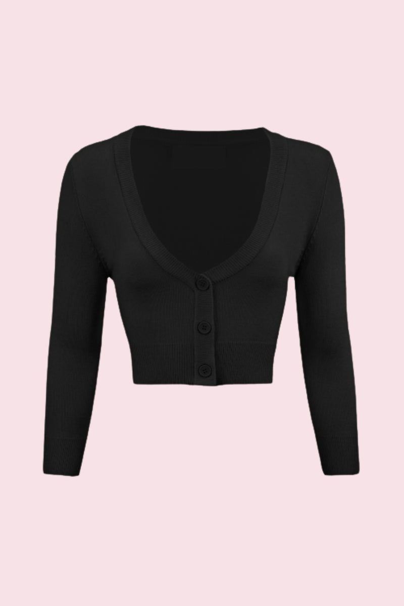 Vintage Cropped ¾ Sleeve Cardigan - Black
