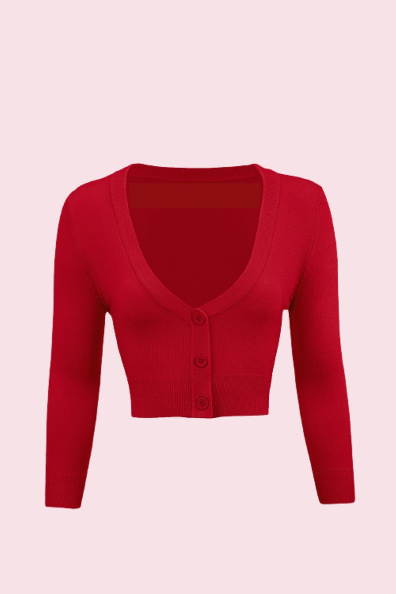 Vintage Cropped ¾ Sleeve Cardigan - Red