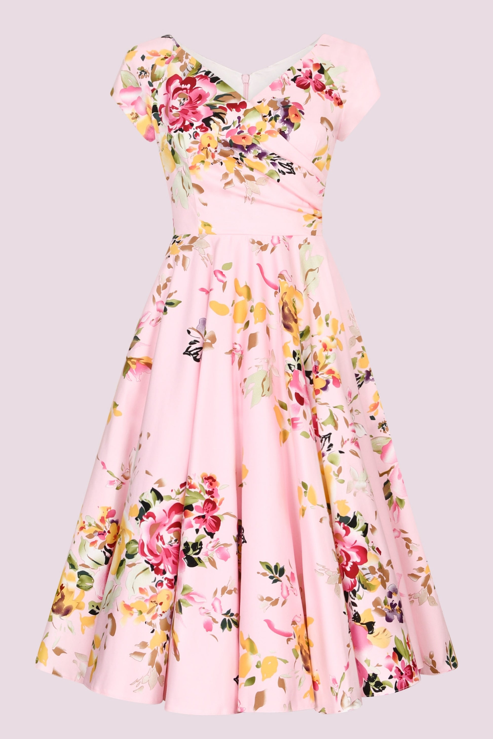 Hourglass Seville Swing Dress in bold floral Seville print – made in the UK by The Pretty Dress Company