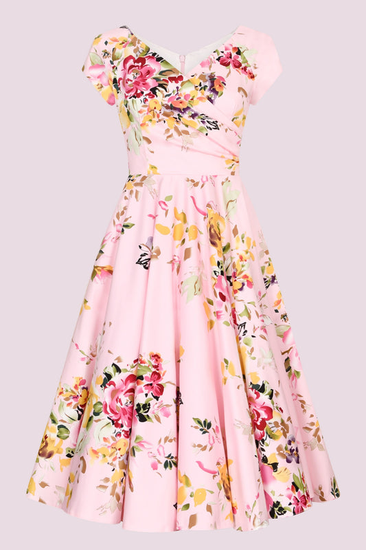 Hourglass Seville Swing Dress in bold floral Seville print – made in the UK by The Pretty Dress Company