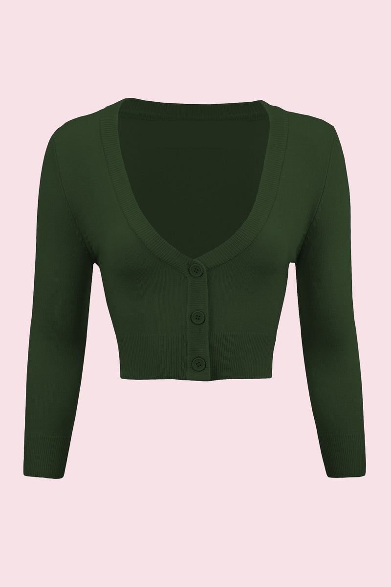 Vintage Cropped ¾ Sleeve Cardigan - Forest Green
