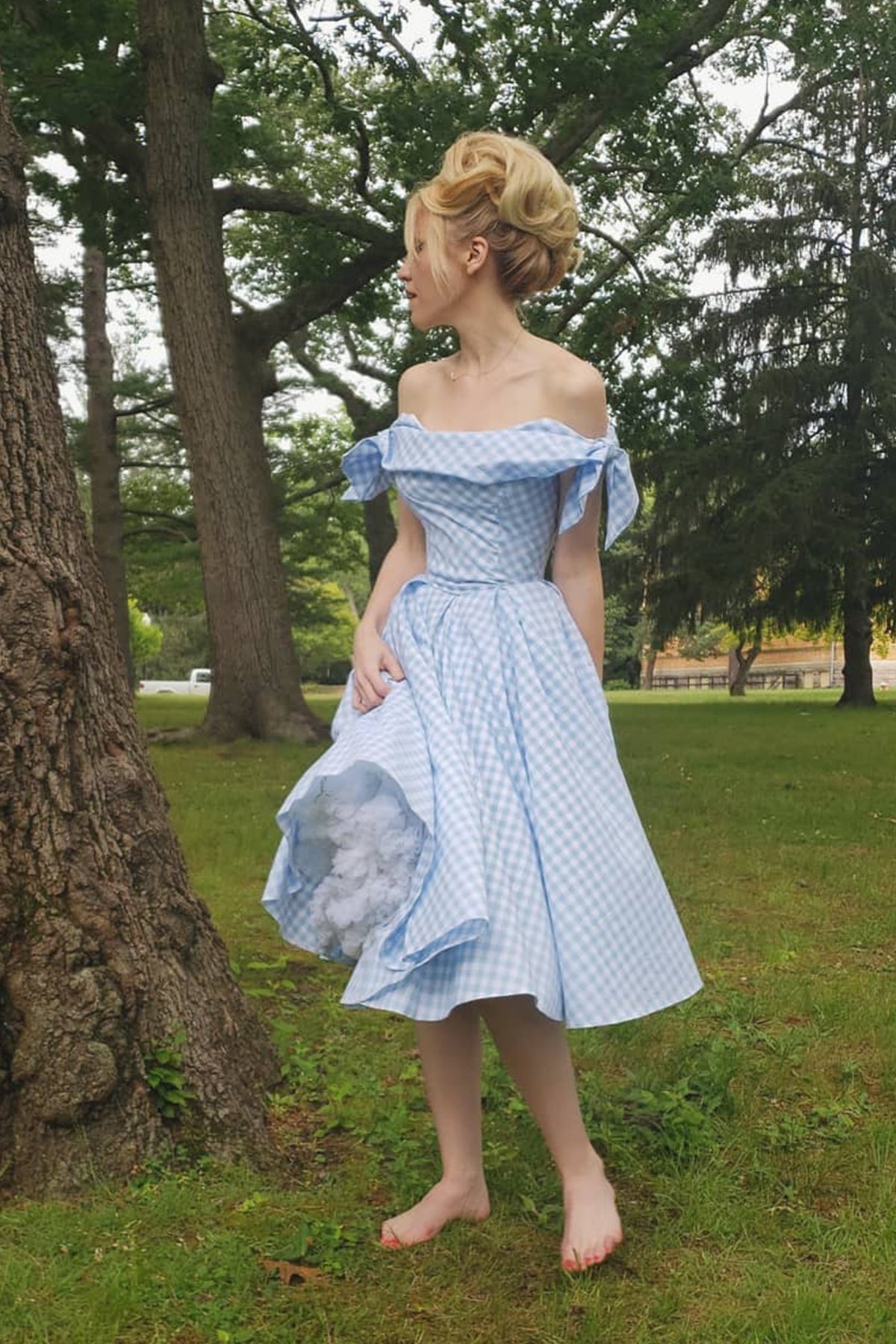 Tilly Gingham Off The Shoulder Prom Dress