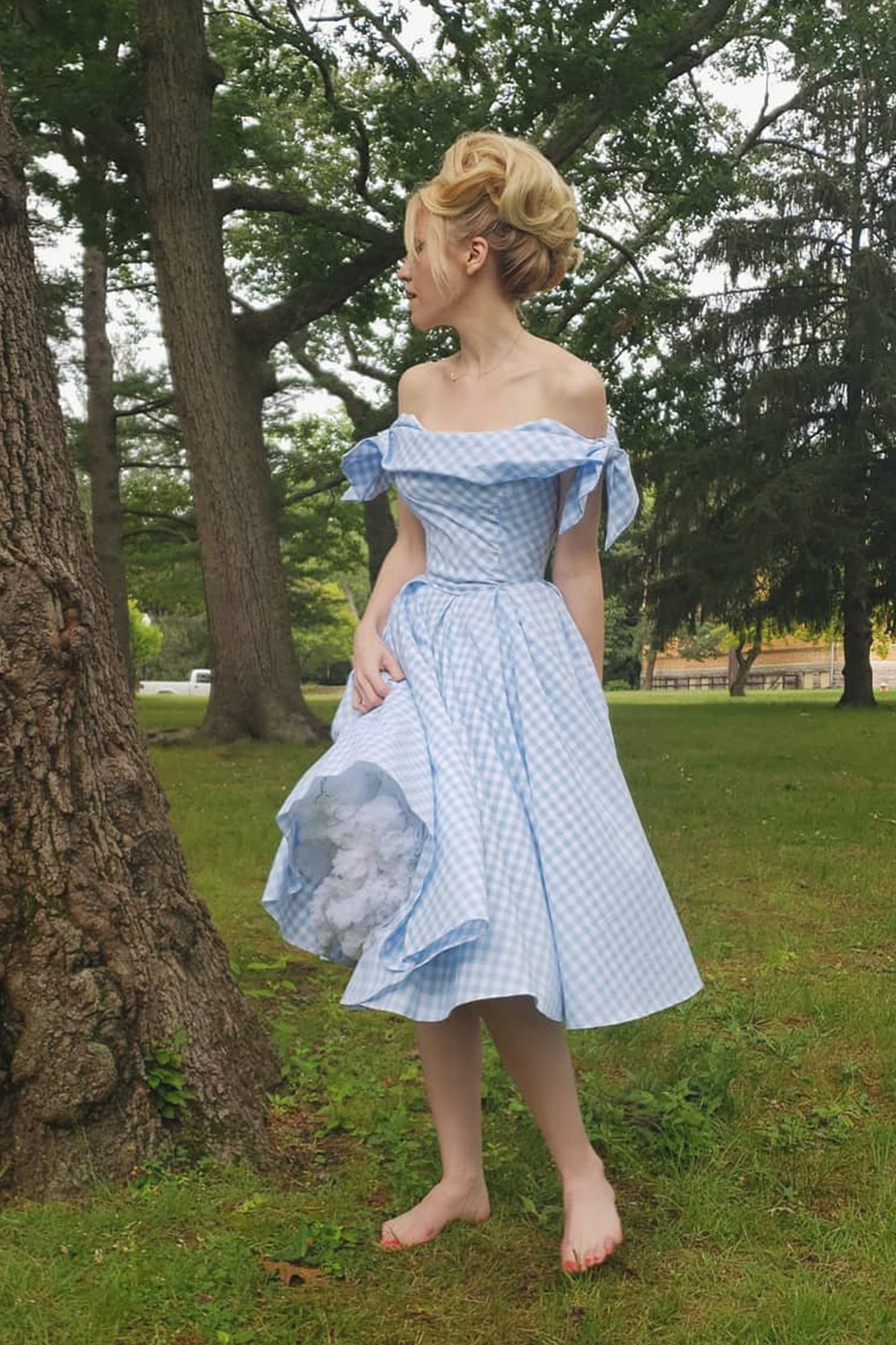 blue gingham off the shoulder dress Tilly Gingham Off The Shoulder Prom Dress
