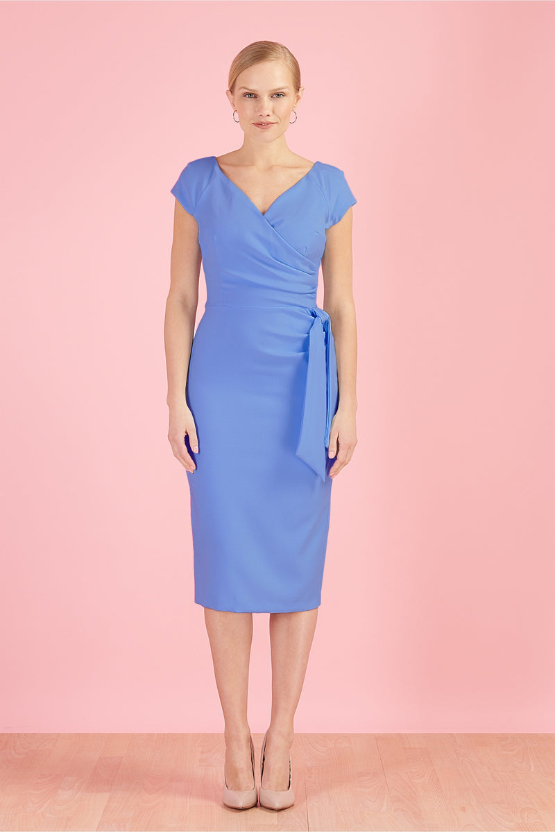 Hourglass Faux Wrap Pencil Dress - Cornflower Blue