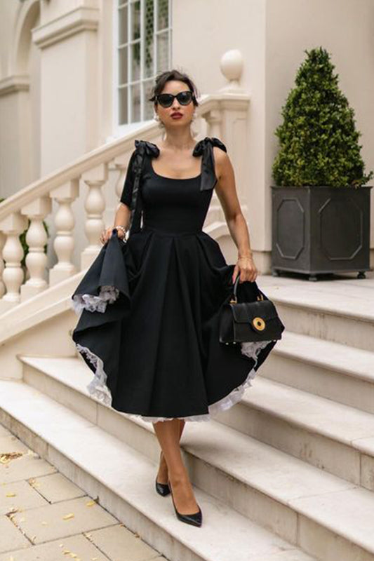 Josephine Midi Dress with corset bodice, satin shoulder bows and pleated skirt – The Pretty Dress Company