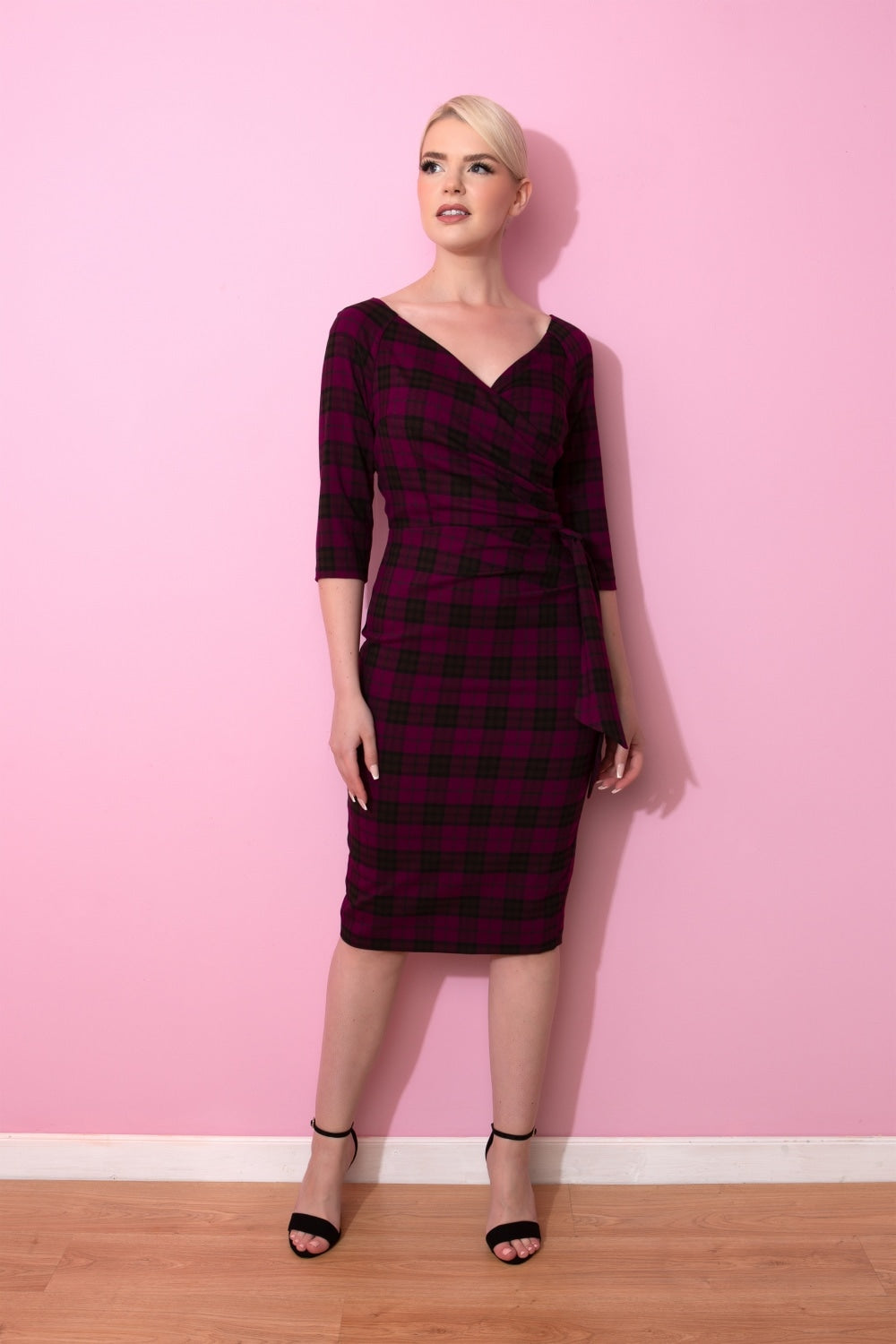 Hourglass Tartan 3/4 Sleeve Pencil Dress